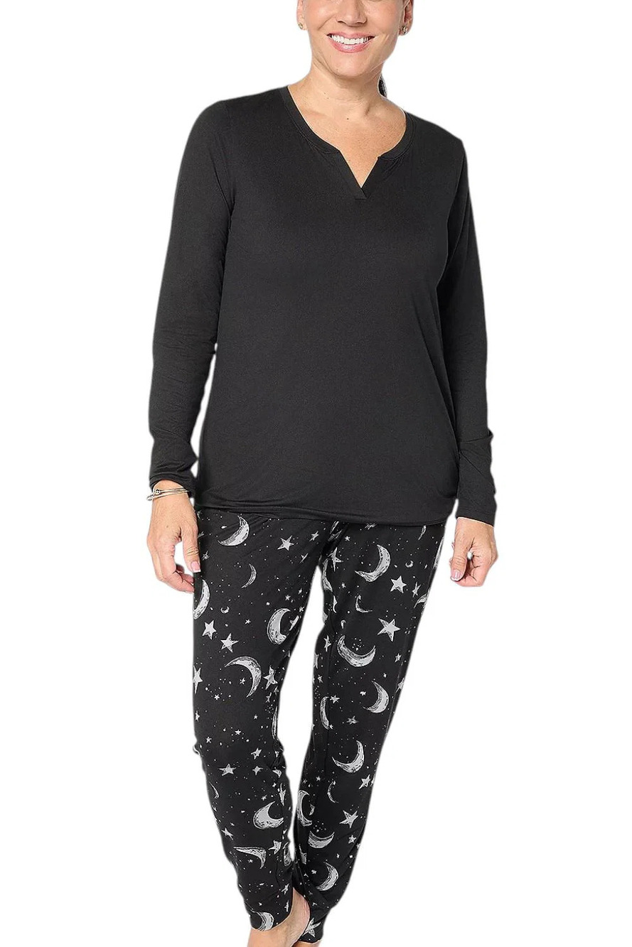 AnyBody Women's Lush Jersey Top and Printed Joggers Sleep Set Black - Regular